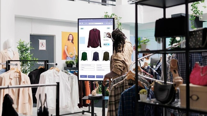 Tienda de ropa con una pantalla digital de atención al cliente